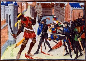 모기스가 아그르몽에서 사라센 노이론과 싸우는 모습, 몽토방의 르노. 데이비드 오베르, 브뤼주, 1462–1470.