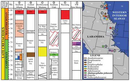 후기 백악기 북아메리카의 안킬로사우루스아과 분포 지도