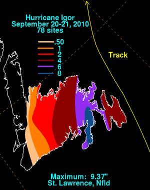 허리케인 이고르로 인한 뉴펀들랜드섬 강수량