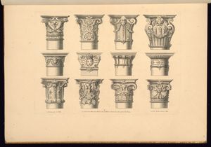 쿠퍼 휴잇 국립 디자인 박물관에 소장된 프랑스 바로크 양식 주두 그림. 르네상스 이후 화려해진 주두 디자인의 예를 보여준다.