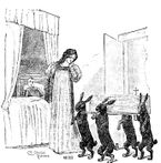 피노키오가 약을 거부하자 요정은 장례 지도사 토끼 무리를 불러 그를 데려가게 한다.