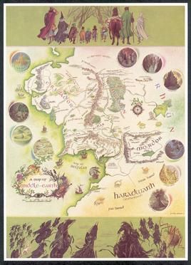 폴린 베인스가 1970년에 그린 "가운데땅 지도(A Map of Middle-earth)". 이 지도는 가운데땅 대륙의 북서부만을 보여준다.