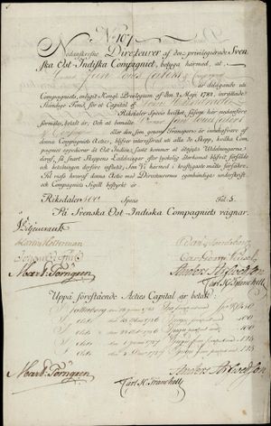 1782년 5월 2일 발행된 스벤스카 오스트-인디스카 콤파니에의 주식