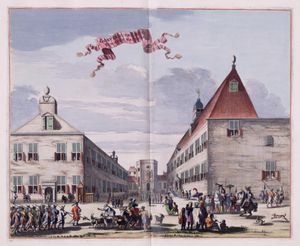 바타비아 성벽 내 총독 관저와 VOC 건물. 중앙에는 예배당이 있다.