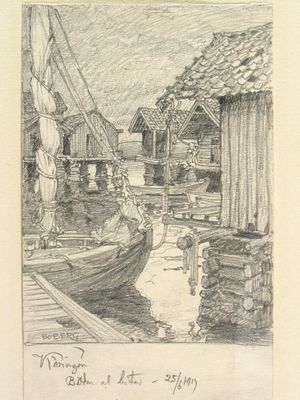 보후슬렌 군도의 캐링엔에 있는 작은 어부 오두막. 페르디난드 보베르그가 1917년에 그림.