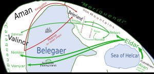 아르다의 제1시대. 엘프들은 중간계와 벨레가에르, 즉 대해를 가로질러 서쪽으로 이동하여 발리노르의 아만으로 갔으며, 그 과정에서 분열되었다. 핑골핀은 아만과 벨레리안드를 잇는 위험한 얼음인 헬카락세를 건너 페아노르를 따라 중간계로 돌아가는 운명을 선택했다.