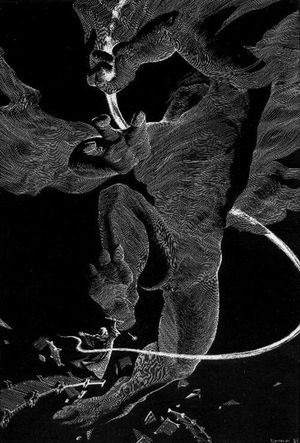 간달프가 카자드-둠의 다리에서 발록과 싸우는 모습. 스크레이퍼보드 삽화, 알렉산더 코로티치, 1981