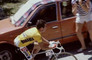 옐로 저지를 입고 산을 오르는 이노의 컬러 사진