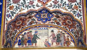 구루 나나크의 마지막 의례를 놓고 다투는 힌두교도와 무슬림. 암리차르 구르드와라 바바 아탈의 19세기 프레스코화.