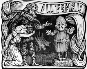 노르드 신화에서 신 토르는 딸 Þrúðr와 결혼하는 것을 막기 위해 드워프 알비시와 이야기를 나눴고, 새벽이 되자 알비시는 돌로 변한다. W. G. 콜링우드의 그림, 1908년