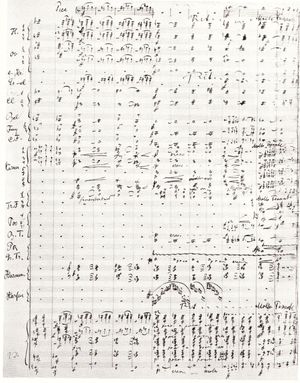 마침표 13마디에 대한 관현악 악보를 보여주는 손으로 쓴 악보