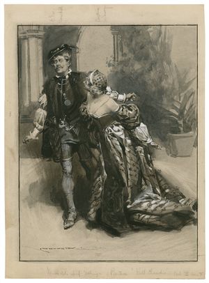 1905년 공연, 베네딕 역의 허버트 비어봄 트리와 베아트리체 역의 위니프레드 에머리. 제2막 5장의 "클로디오를 죽여라" 장면