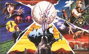 류 하야부사를 중심으로 NES 3부작의 장면을 배경으로 묘사한 일러스트