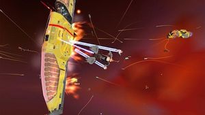 게임 초창기 버전의 게임 스크린샷으로, 모선 근처의 전투를 묘사하고 있다. 모선은 빔과 미사일 무기로 공격받고 있으며, 불타고 있다.