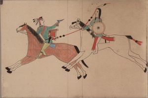 샤이엔 전사(오른쪽)와 오세이지 또는 파우니 전사(왼쪽)의 전투를 보여주는 원장 드로잉