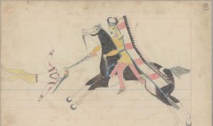 미치개 사회의 상징인 영양 뿔 머리 장식을 한 샤이엔 전사의 원장 드로잉