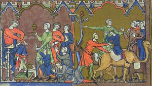 베냐민이 이집트로 돌아가는 모습 (창세기 44장)을 그린 모건 성경의 삽화