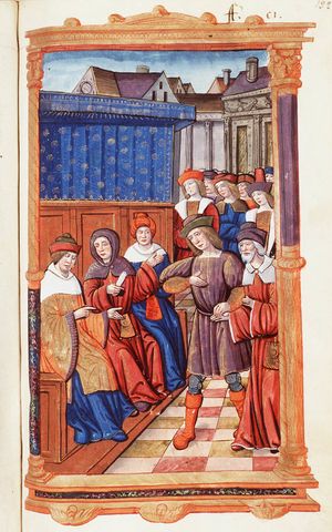 폼페이우스가 많은 병력을 이끌고 키케로의 동생을 포럼으로 데려와 키케로의 망명 귀환을 청원하는 모습 (16세기 시대착오적 미술 작품)