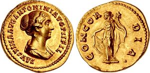 안토니누스 피우스 치하 로마 조폐창에서 주조된 파우스티나 2세의 아우레우스 (c. 147–152). 앞면: 파우스티나 2세 흉상. 뒷면: 콘코르디아 여신상.