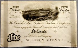 윌리엄 홈 리자스가 디자인한 칼라일 시립 및 구립 은행 지폐. 도시의 산업적 특징을 강조하고 있다.