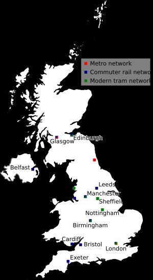 영국의 급행 대중교통, 트램 및 근교 통근 철도 시스템
