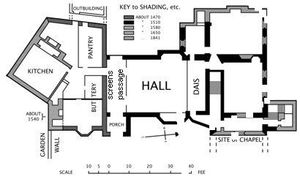 입구 현관에서 이어지는 스크린 통로를 포함한 호르함 홀 계획도.