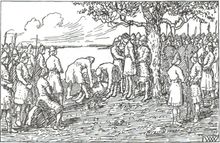 Wilhelm Wetlesen (1899)이 상상한, 군중들에 둘러싸여 나무에 목이 매달린 에길 아슬락손의 흑백 그림