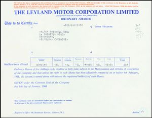 1968년 1월 8일 발행된 레일랜드 모터 코퍼레이션 주식