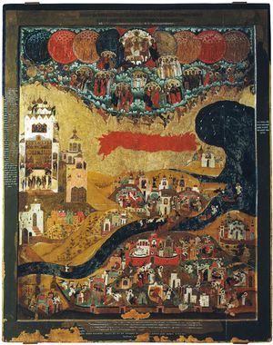 16세기 타라시우스의 비전 아이콘. 노브고로드를 왼쪽의 소피아 쪽과 오른쪽의 상업 쪽으로 묘사. 도시 주민들은 천사들의 보호를 받으며 일상적인 일을 하고 있다.