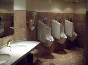 오스트리아 빈의 공중 화장실 남자 화장실에 설치된 칸막이가 있는 소변기