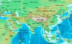 서기 400년의 아시아. 유연 카간국, 선비의 북위, 선비의 토욕혼, 남량, 후연, 흉노의 우반 및 북량 국가를 보여준다.