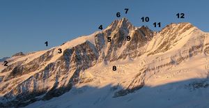 북동쪽에서 본 그로스글로크너산: 1. 아들러스루에, 2. 호프만스키스, 3. 클라인글로크너키스, 4. 글로크너라이틀, 5. 팔라비치니린네, 6. 클라인글로크너산, 7. 그로스글로크너산, 8. 글로크너키스, 9. 베르글러린네, 10. 글로크너혼(왼쪽)과 토이펠스혼(오른쪽), 11. 운터레 글로크너샤르테, 12. 글로크너반