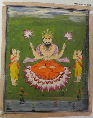 붓다를 아바타로 묘사한 힌두교 그림. 비슈누의 아바타로, 두 제자가 곁에 있다.