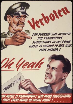 레밍턴 직원들에게 폐기물 최소화에 대한 제안을 제출하도록 촉구하는 2차 세계 대전 시대의 선전 포스터.