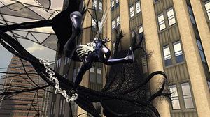 감염된 맨해튼을 가로지르는 스파이더맨의 거미줄 스윙.