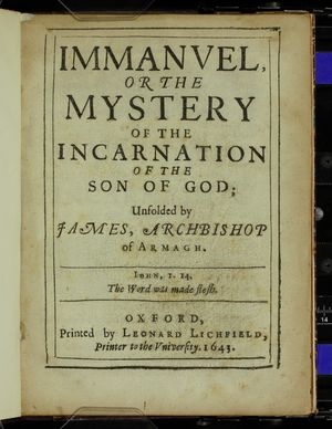 1643년에 저술된 "임마누엘, 또는 하나님의 아들의 성육신의 신비"의 표지.