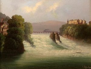 라인 폭포 다리와 후베르트 사틀러의 그림 속 로이펜 성