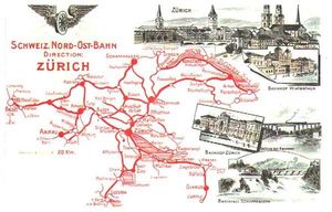 스위스 북동부 철도 노선망이 있는 엽서