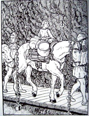 트베렌교(Twärrenbrücke, 테오도르 바르트, 1919)의 현대 삽화는 쇠사슬로 지지한다고 묘사하는 비역사적(그러나 널리 반복된) 전승을 반영한다.