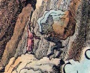 Nova Helvetiae Tabula Geographica}}에 묘사된 악마의 다리. 바위를 던지는 악마를 막는 성직자가 그려져 있다(요한 멜키오르 퓌슬리 그림).