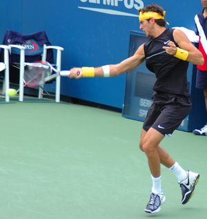 델 포트로가 포핸드를 치고 있다.