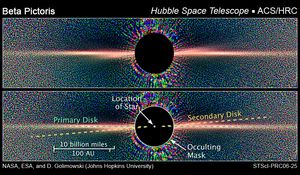 허블 우주 망원경으로 촬영한 화가자리 β별과 원시 행성계 원반의 모습.
