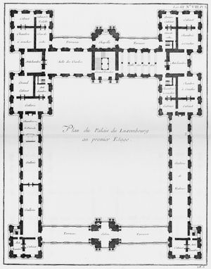 평면도(1752)는 넓은 cour d'honneur와 오른쪽 날개의 긴 루벤스 갤러리를 보여준다.