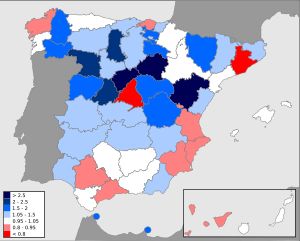 각 지방의 국회의원 1인당 대표하는 인구수와 전국 평균의 관계 (2016년 6월 선거)