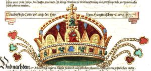 1555년의 성 이슈트반 왕관의 가장 오래된 진본 묘사. 푸거 연대기에 묘사된 왕관으로, 17세기 중반 이전의 모든 왕관 이미지는 십자가가 원래 똑바로 서 있는 모습을 보여준다.