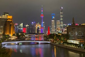 우쑹강과 황푸강의 합류 지점을 일반 우체국에서 바라본 모습. 자푸루 다리와 와이바이두 다리가 보인다. 루자쭈이는 멀리 보인다.