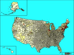 2000년 미국 인구 조사 기준 리투아니아계 미국인 분포