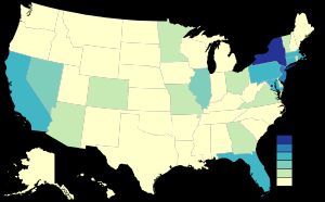 미국 유대인 연감, 2020년 및 미국 인구 조사국에 따른 주별 미국 유대인 분포