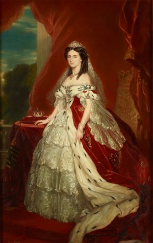 대관식 복장과 왕관을 착용한 아우구스타, Franz Xaver Winterhalter의 그림을 바탕으로 민나 퓔러가 묘사, 약 1864년. Prussian Palaces and Gardens Foundation Berlin-Brandenburg.