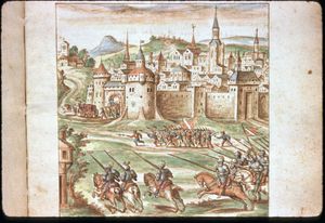 기병 돌격과 사람들이 도시로 도망치는 모습